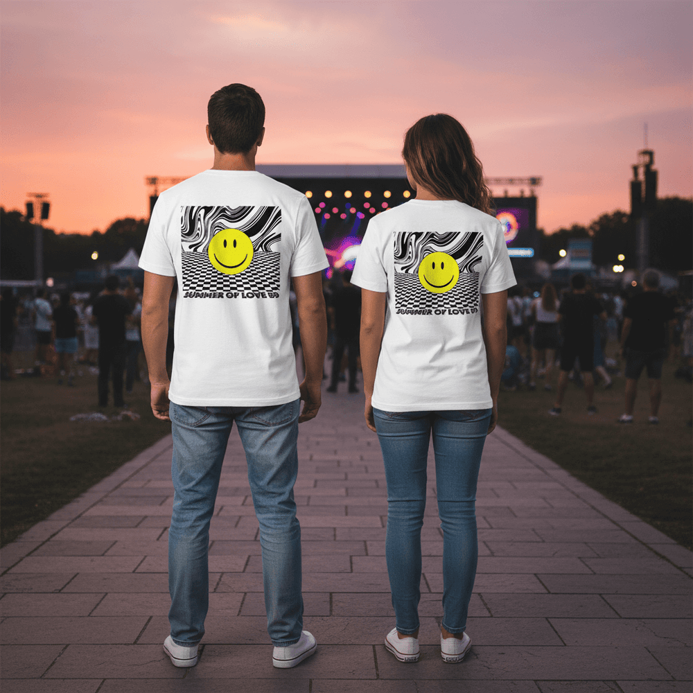 man and woman both wearing the same tshirt with a music stage in the foreground