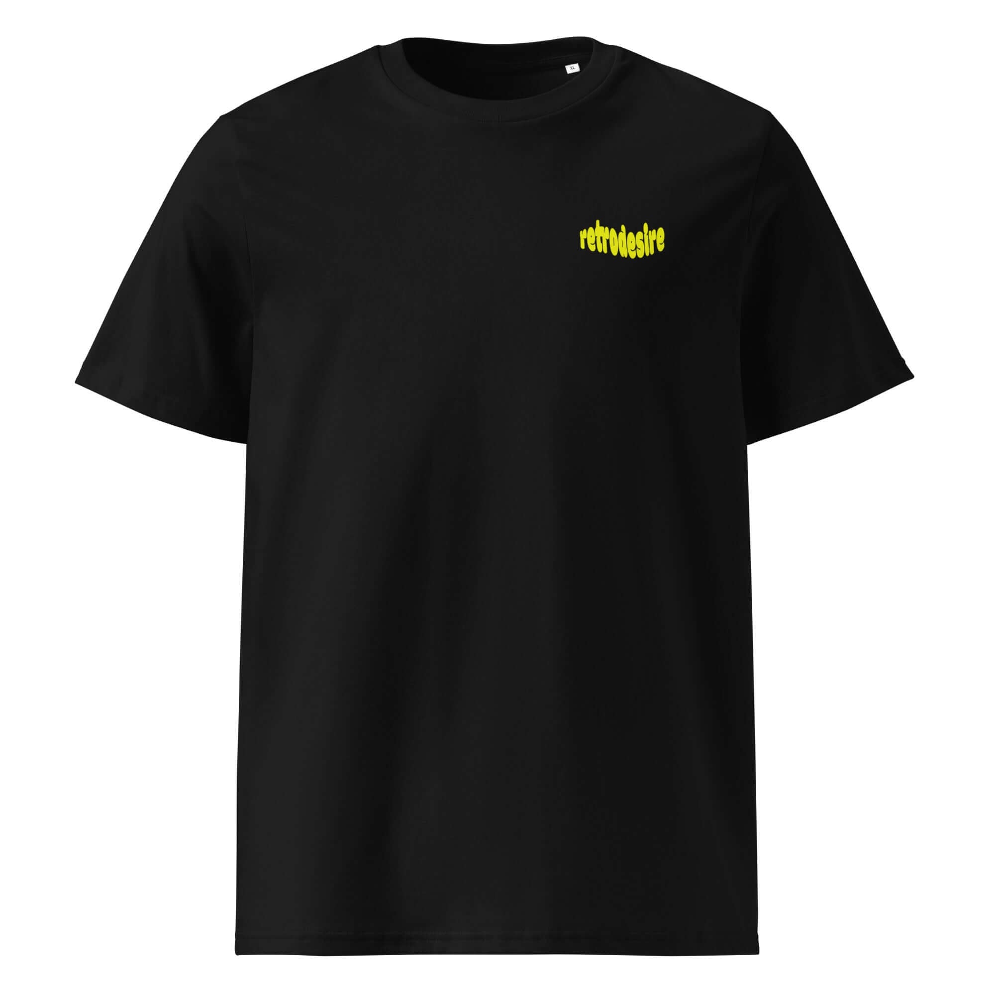 a black tshirt on a white background with yellow lettering