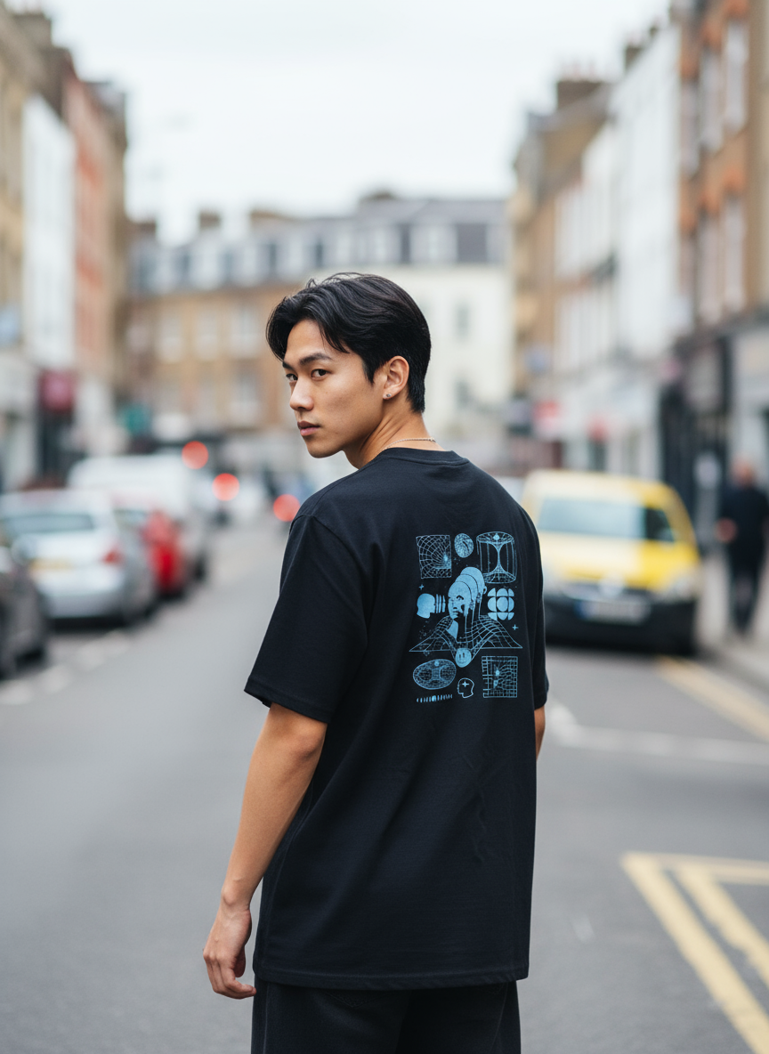 man wearing black tshirt in london street