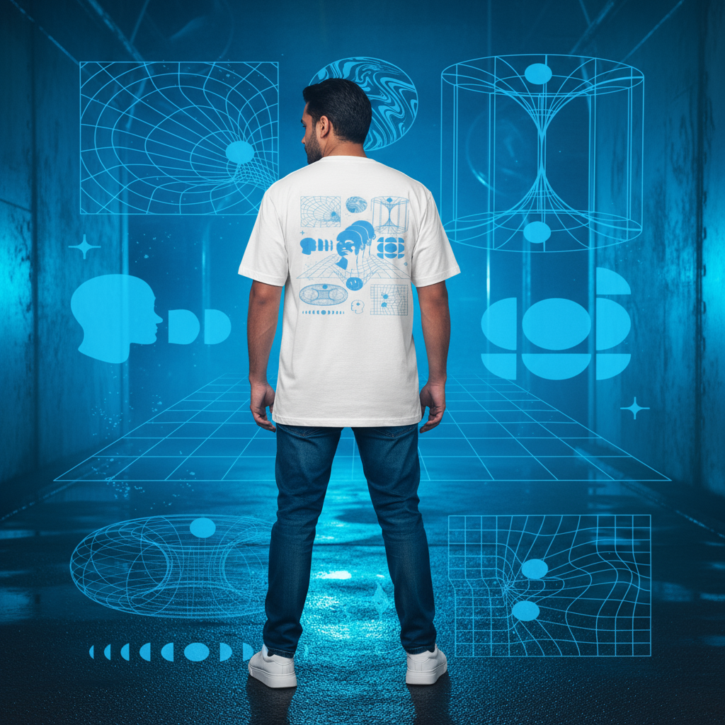 man wearing white tshirt in front of blue background