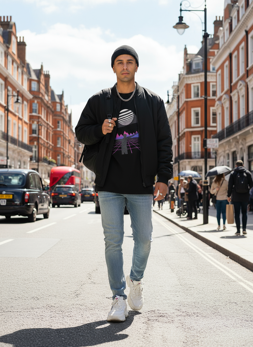 man walking down a london street wearing black tshirt