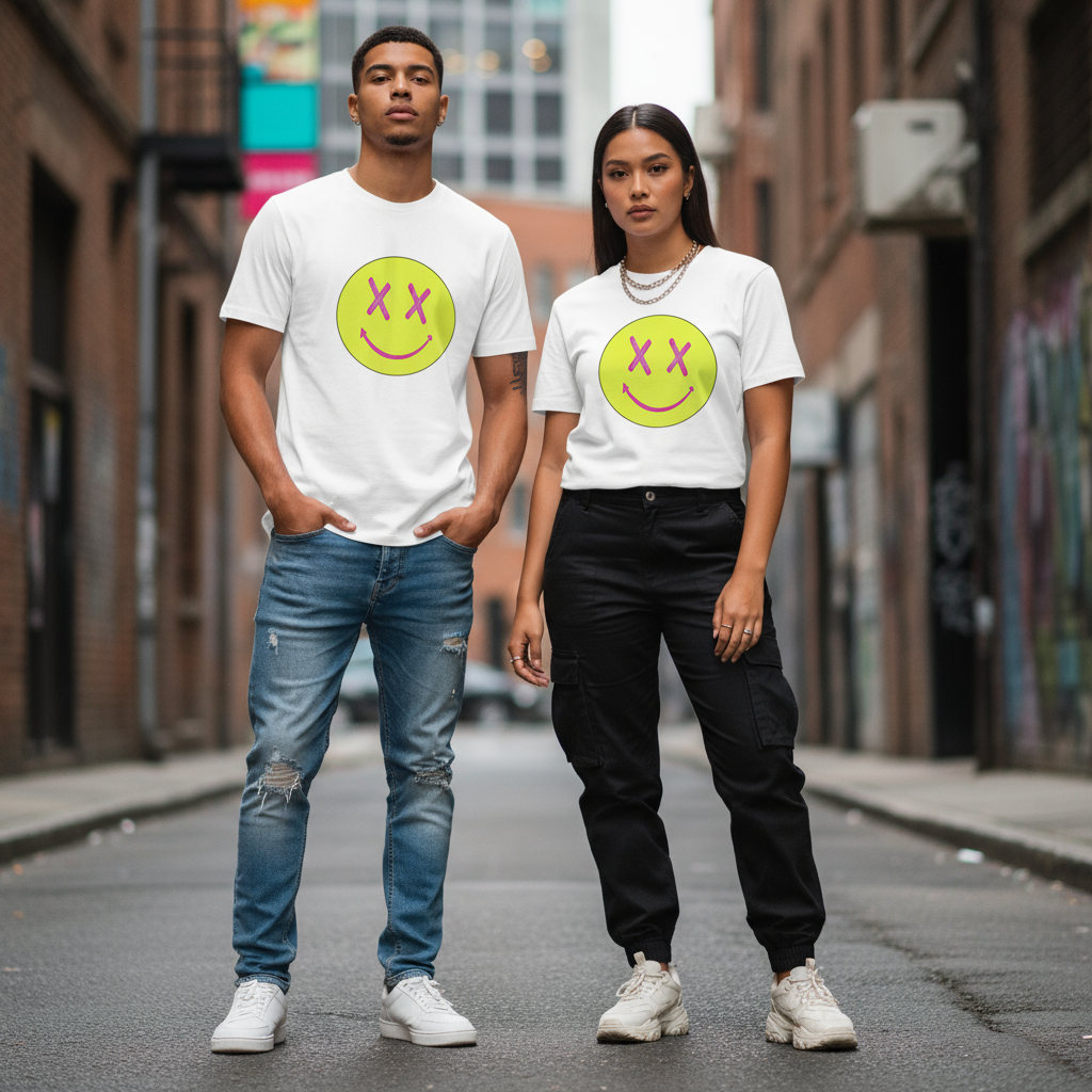 man and woman posing on a street wearing white tshirts
