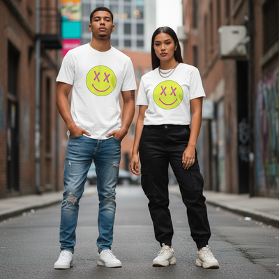 man and woman posing on a street wearing white tshirts