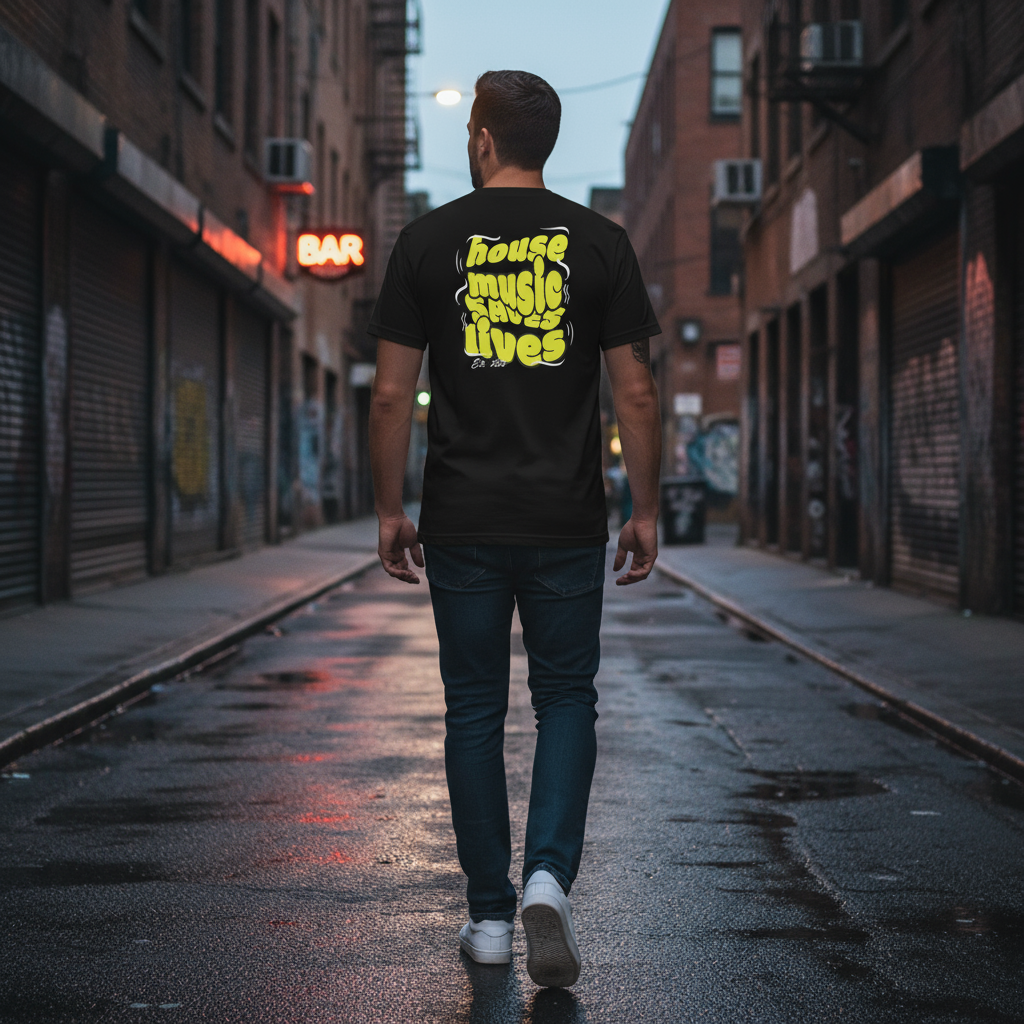 man walking down street wearing a black tshirt