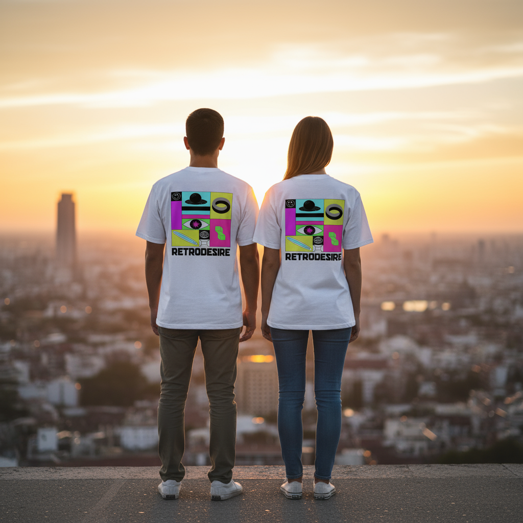 man and woman posing in front of a sunset wearing white tshirts