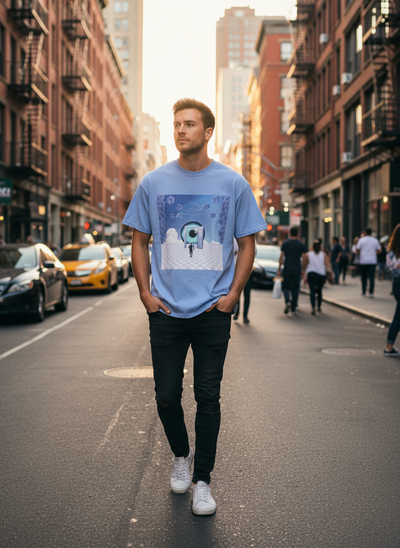 man wearing blue tshirt in a new york street