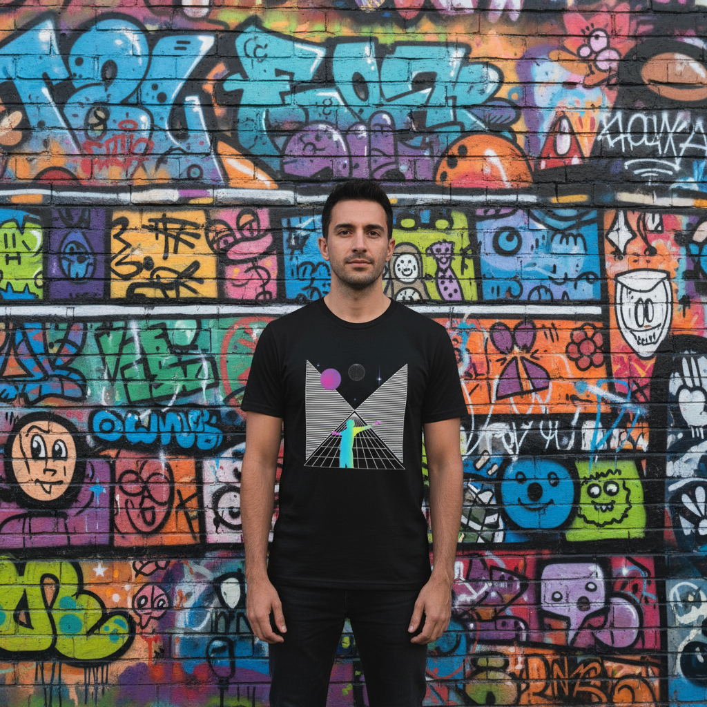 man wearing black tshirt in front of graffiti wall