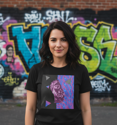 woman wearing black tshirt in front of graffiti wall
