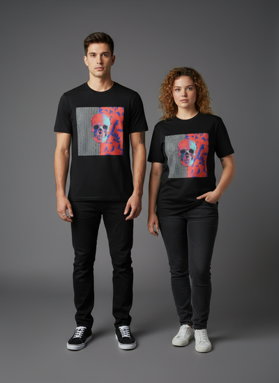 man and women in photo studio both wearing a black tshirt