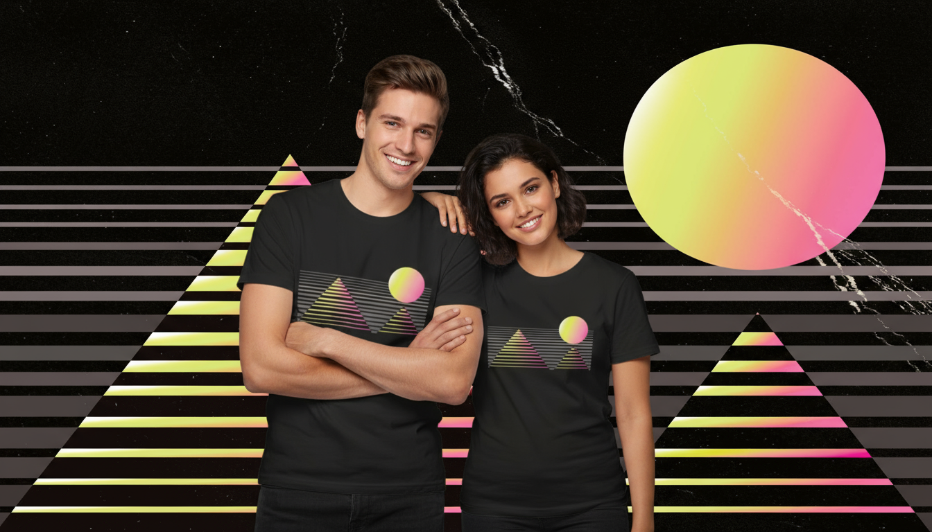 man and women wearing black tshirt in front of colourful background