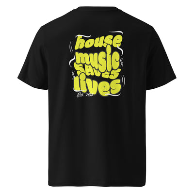 a black tshirt on a white background with yellow writing saying 'house music saves lives.