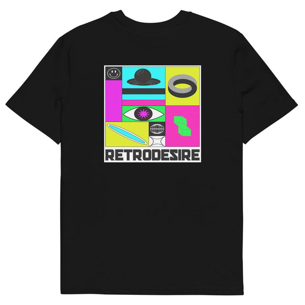 black tshirt on a white background featuring a colourful motif