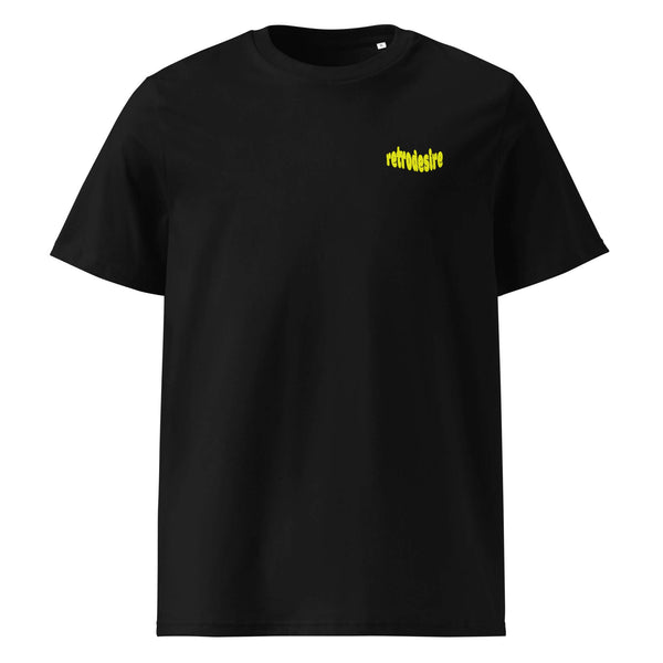 a black tshirt on a white background with yellow lettering 