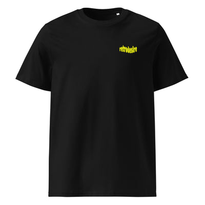 a black tshirt on a white background with yellow lettering 