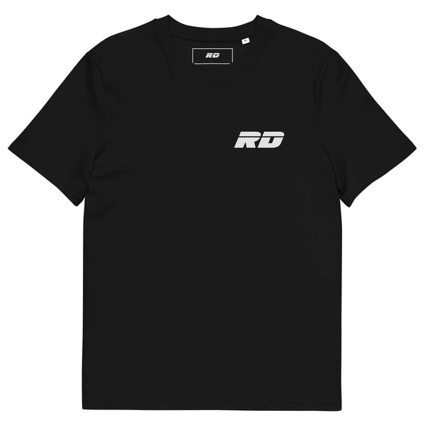 a black tshirt featuring a white logo on a white background