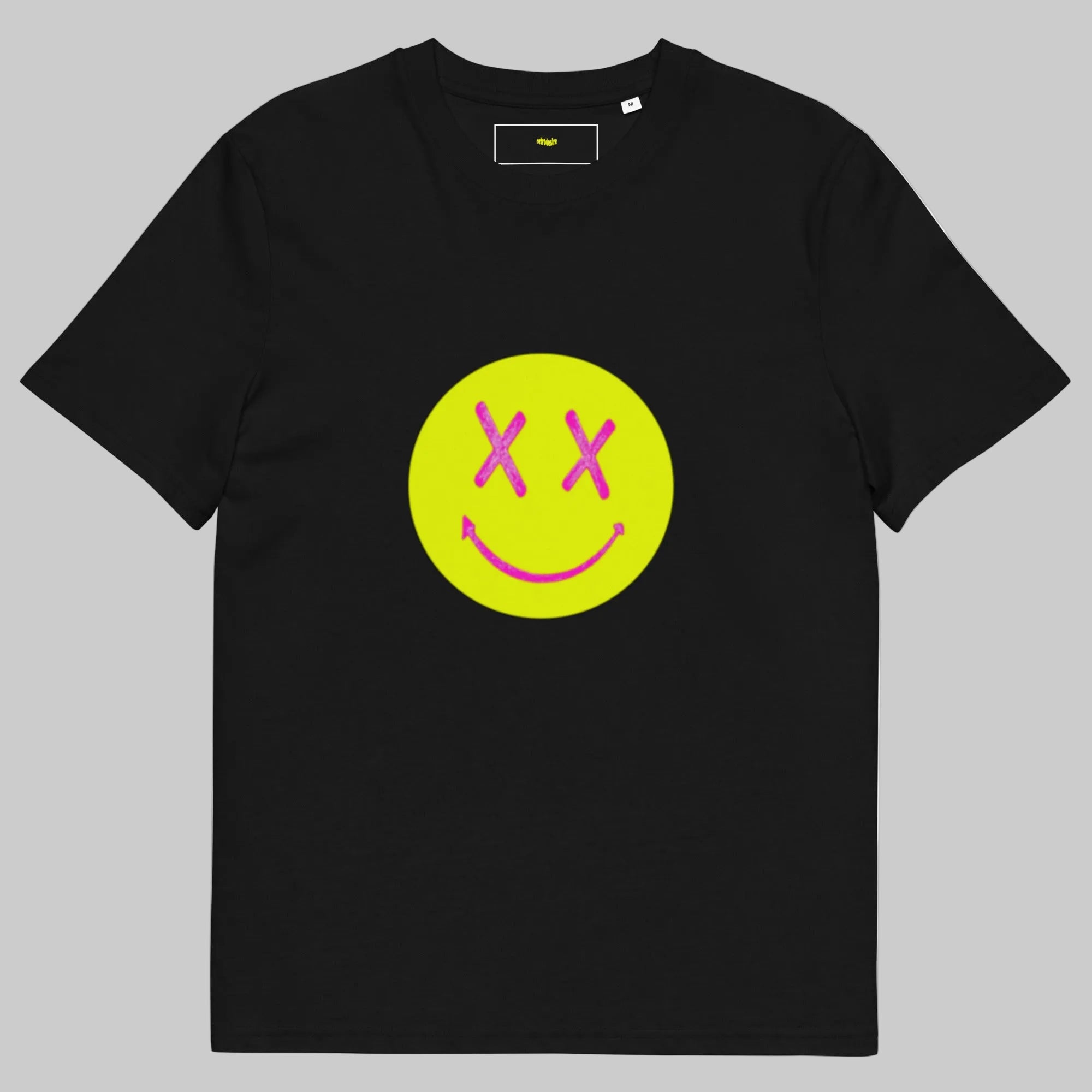 a black tshirt on a white background featuring a yellow motif
