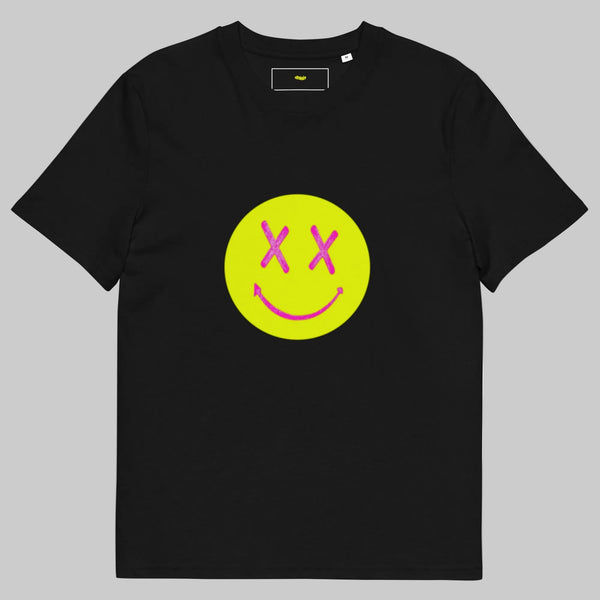 a black tshirt on a white background featuring a yellow motif