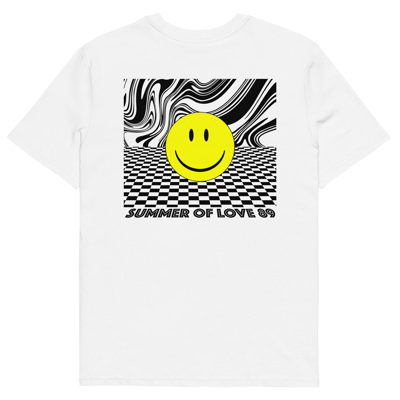 a white tshirt on a white background featuring a an acid house smiley