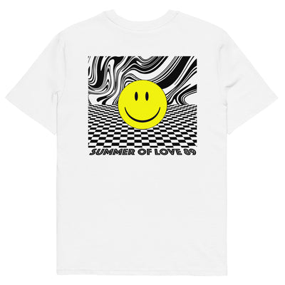 a white tshirt on a white background featuring a an acid house smiley