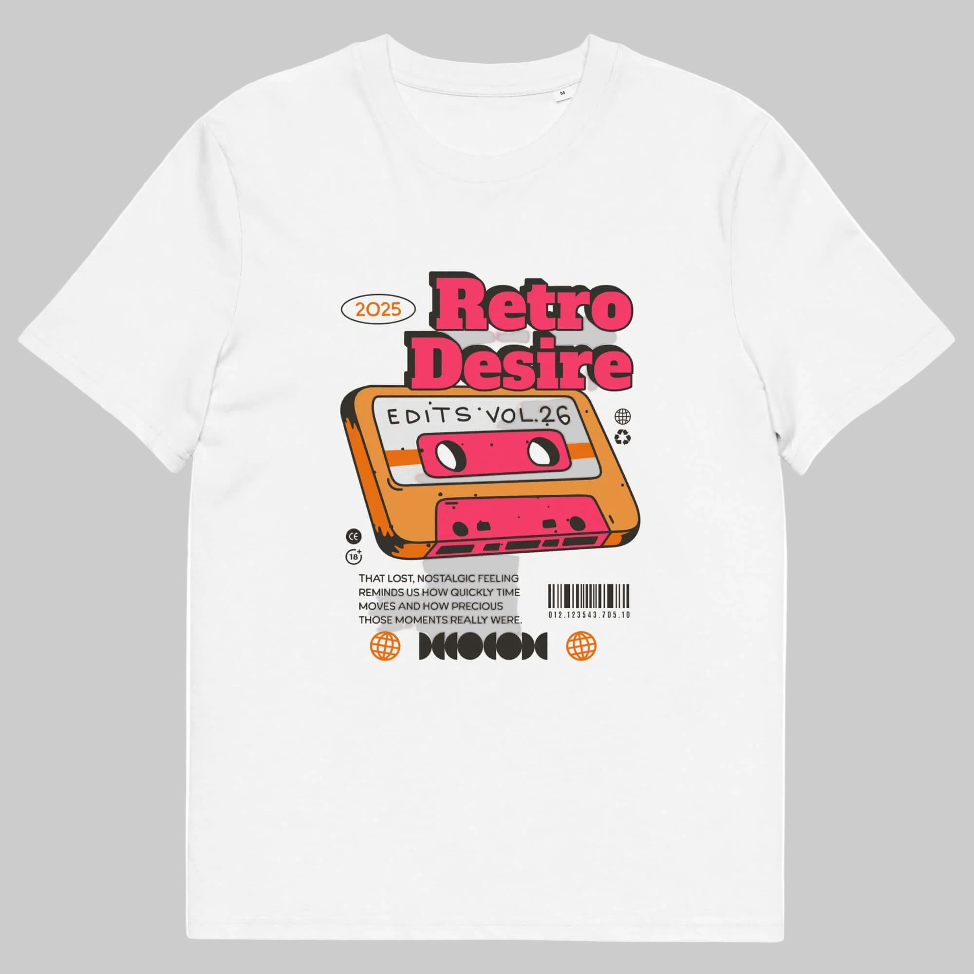 a white tshirt on a white backgorund featuring an audio tape
