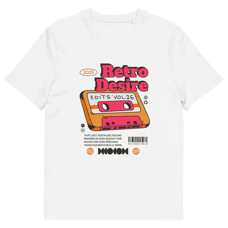 a white tshirt on a white backgorund featuring an audio tape