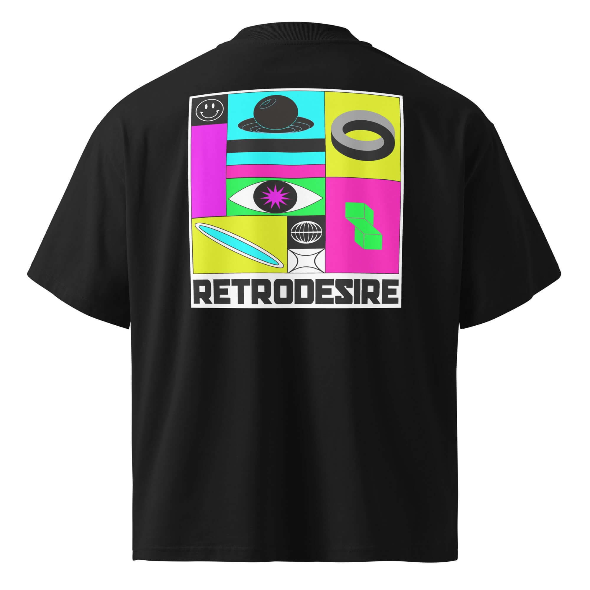 a black t-shirt on a white background featuring a colourful motif