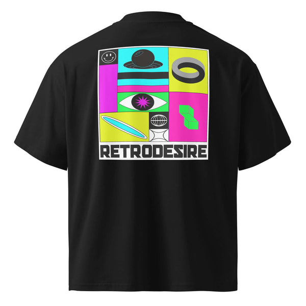 a black t-shirt on a white background featuring a colourful motif