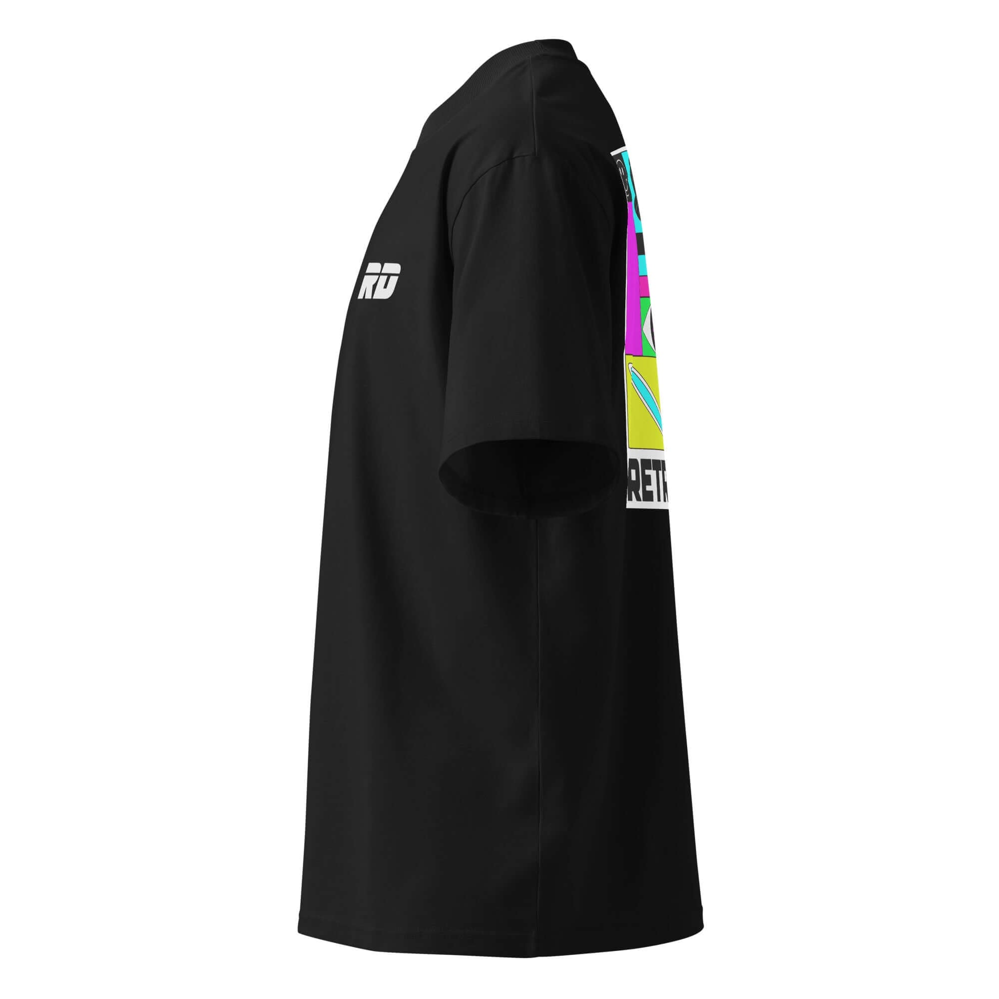sideview of a black t-shirt on a white background
